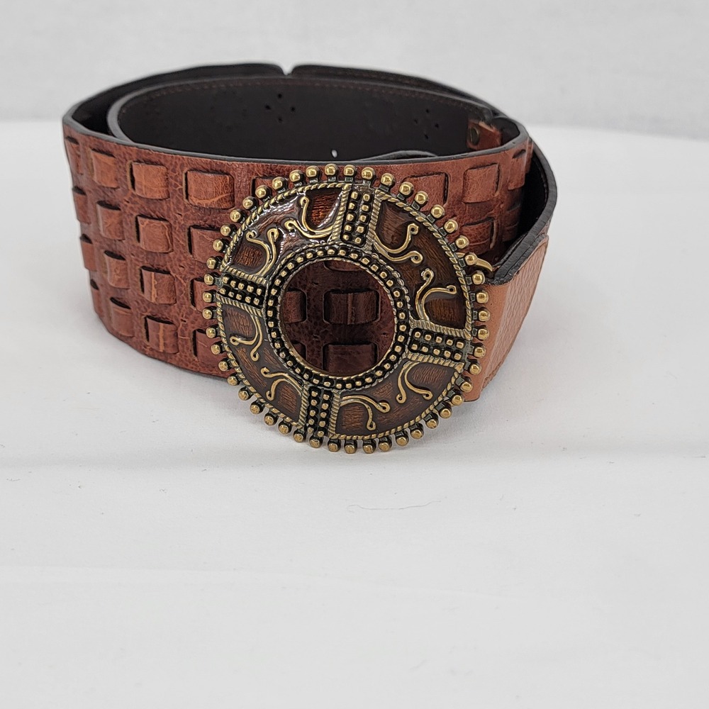 Chicos Brown Leather Woven Belt Ornate Medallion Buckle Gold Floral Detail Small